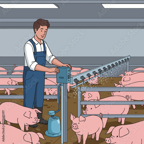 Farmer Operates Water System for Pigs Inside an Indoor Enclosure