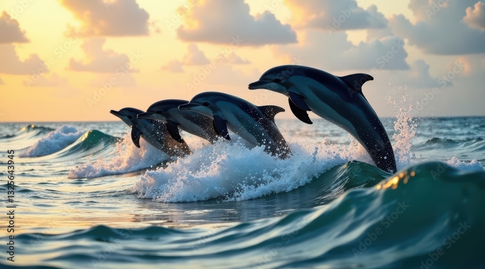 Obraz premium Oceanic acrobats leap joyfully through sunset waves, a breathtaking spectacle of marine life's playful energy