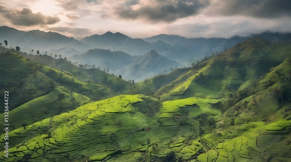 Breathtaking Drone Perspective of Munnar’s Verdant Hills with tea garden.generative.ai