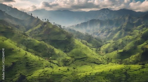 Obraz na płótnie Breathtaking Drone Perspective of Munnar’s Verdant Hills with tea garden.generative.ai
w salonie