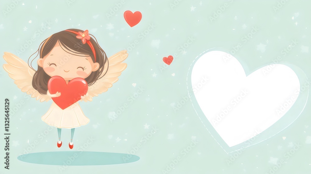 Cute Girl Angel with Wings Holding Heart Pastel Illustration Cute Girl Angel with Wings Holding Heart Pastel Illustration