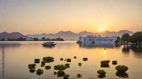 Obraz na płótnie Dawn at the Lake Palace Lake Pichola Uda.generative.ai w salonie