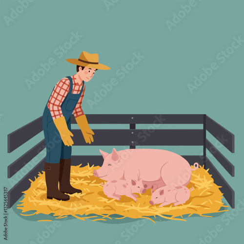 Farmer Watching Sow Nursing Piglets in Pen on Straw Bedding