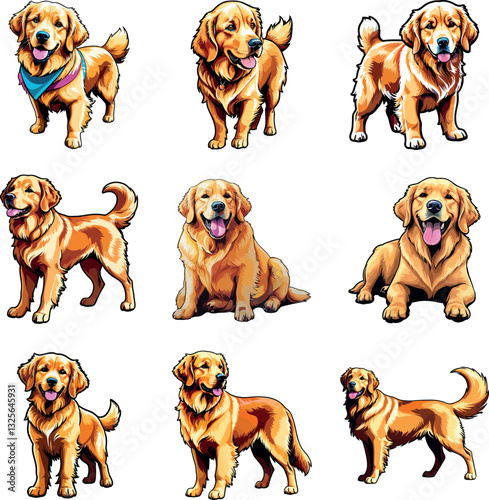 Golden Retriever Dog in Multiple Positions and Expressions