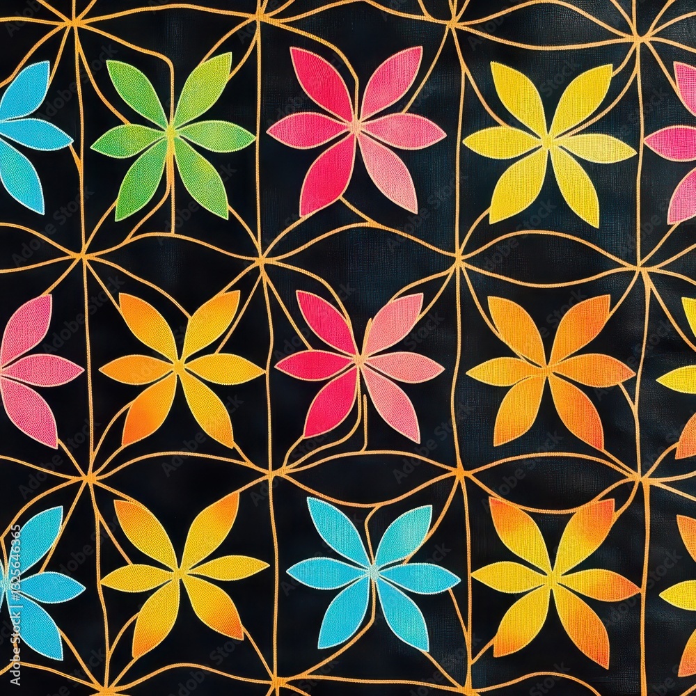 Naklejka premium Geometric Asanoha hemp leaf pattern in bold neon colors, repeating contemporary Japanese design