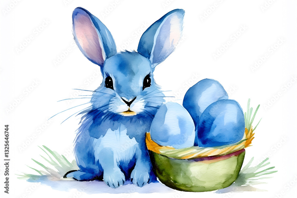 A cute watercolor drawing of a blue bunny next to a basket of blue eggs, perfect for celebrating Easter