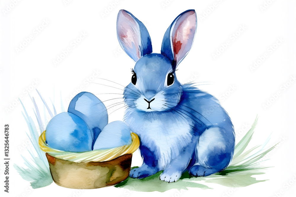 A cute watercolor drawing of a blue bunny next to a basket of blue eggs, perfect for celebrating Easter