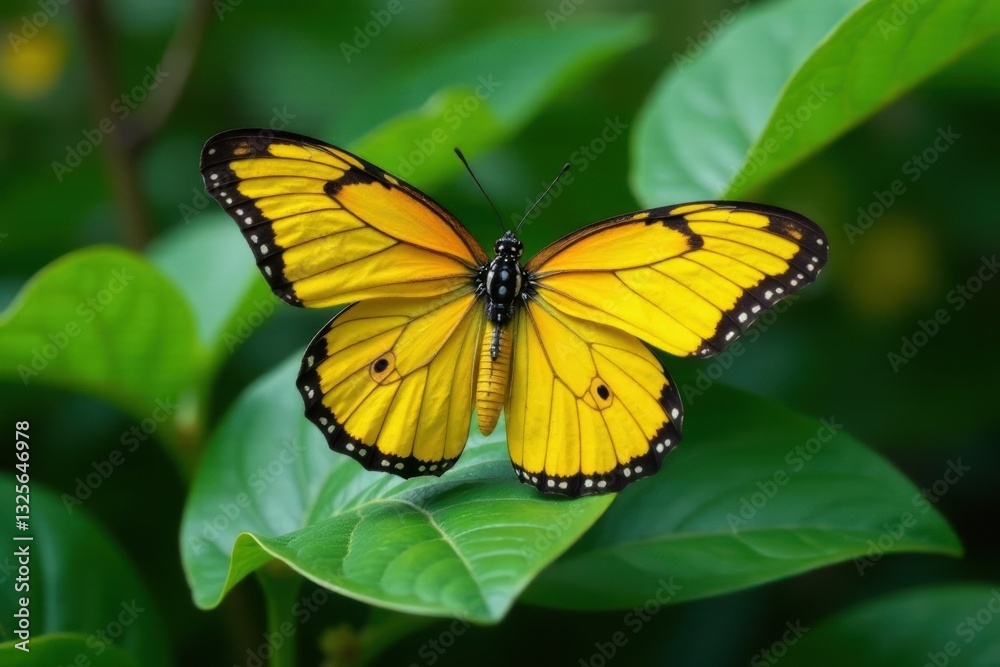 A vibrant yellow butterfly with black markings rests gracefully on a lush green leaf, showcasing its delicate wings and intricate details in a serene natural setting. A vibrant yellow butterfly with black markings rests gracefully on a lush green leaf, showcasing its delicate wings and intricate details in a serene natural setting.