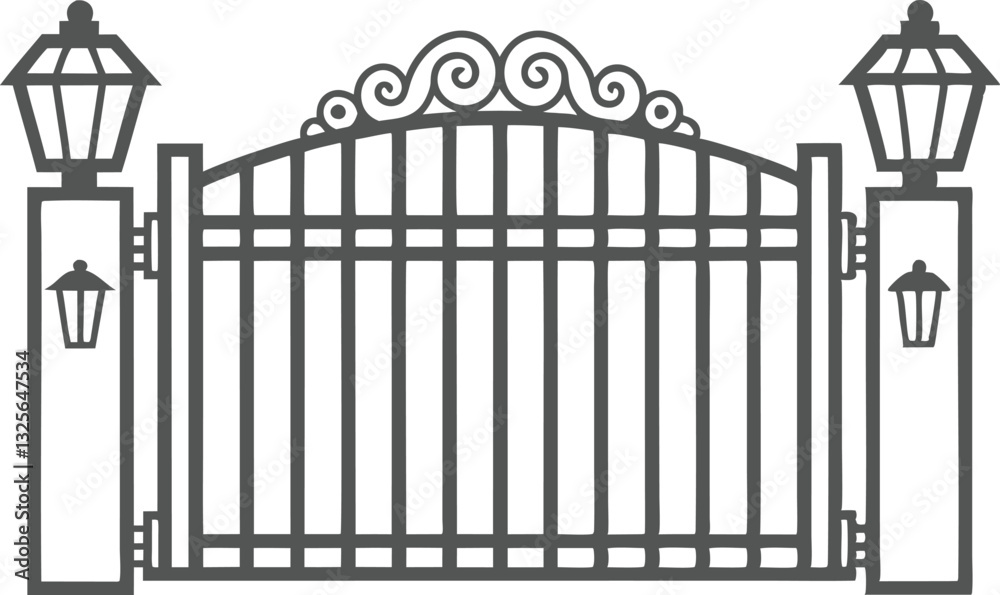 A simple, elegant design of a metal gate with decorative scrollwork. A simple, elegant design of a metal gate with decorative scrollwork.