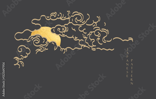 Japanese chinses cloud and moon pattern with black and gold brush stroke texture in vintage style. Abstract art landscape banner design with watercolor painting vector.
