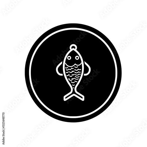 Black and white fishing hook icon featuring a fish inside a circular frame, symbolizing fishing, angling, seafood industry, and marine life.