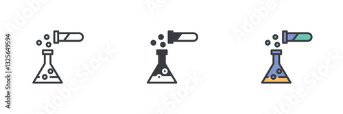 Test tube, flask, and bubbles different style icon set