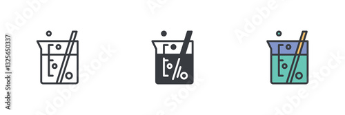 Measuring cup with a liquid inside and a stirring stick different style icon set