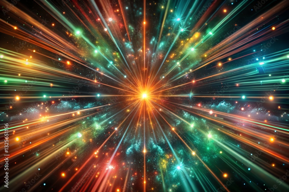 Naklejka premium Vibrant cosmic explosion, Multicolored light burst, Abstract space nebula, Radiant energy rays