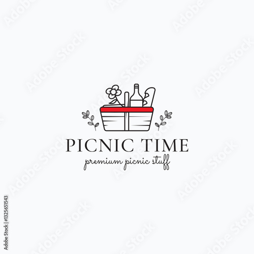 Minimalist lineart picnic basket logo for branding materials such as flyers, website, and merchandise. Incorporates a picnic scene with company name.