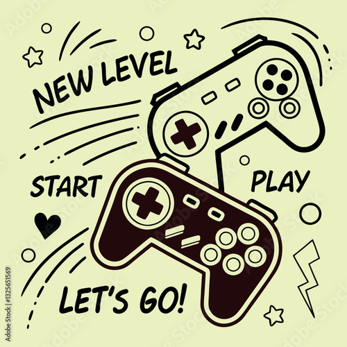 Let's Go New Level Gaming T-Shirt Design with Doodle Controllers for Playful Gamers