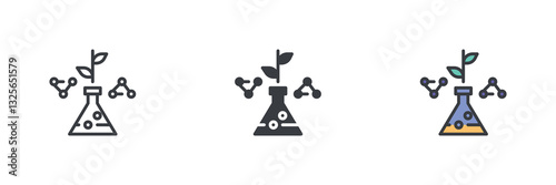 Conical flask with spout and molecular structure different style icon set