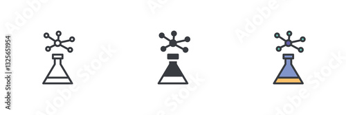 Chemical flask with a molecular structure different style icon set