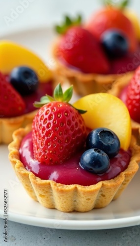 Close-up of assorted fruit tarts on a white plate, bakery items, food