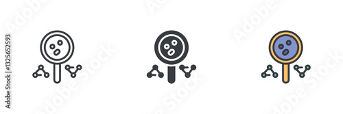 Magnifying glass with cells or particles different style icon set