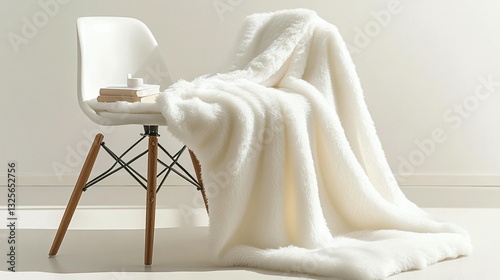 Soft white faux fur throw draped over a modern chair with books.