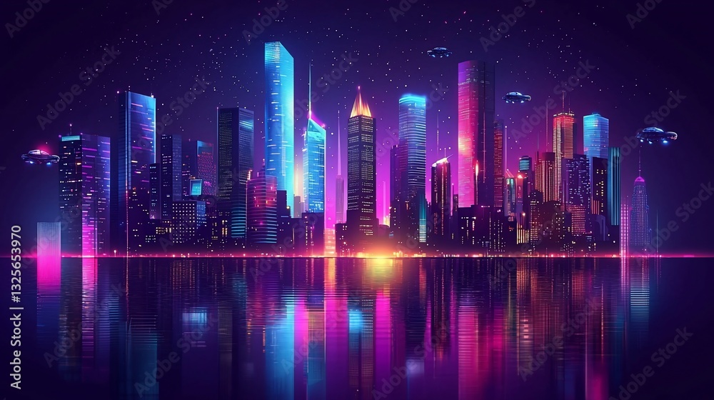 Fototapeta premium Futuristic city skyline at night, reflecting in water.