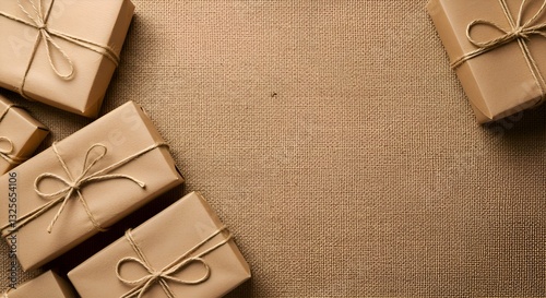 Rustic Gift Boxes with Twine & Brown Paper on Burlap Texture Background