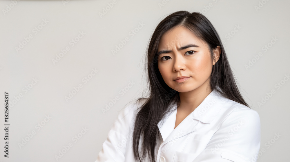 Strict Asian woman in a white outfit stands with arms crossed, displaying a stern, critical facial expression, isolated on a clean background with copy space for versatile creative use Strict Asian woman in a white outfit stands with arms crossed, displaying a stern, critical facial expression, isolated on a clean background with copy space for versatile creative use