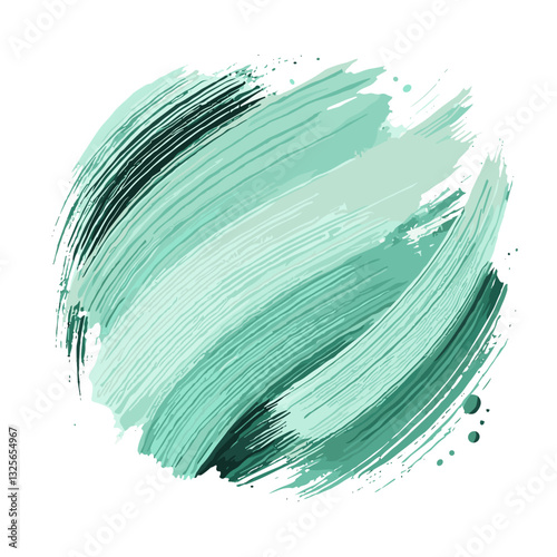 Abstract mint and teal green brushstroke artwork with paint splatters on white background with copy space
