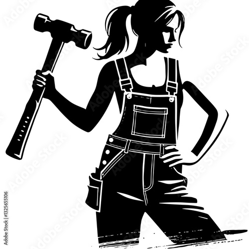 Vector Illustration Silhouette of Woman in Overalls with Hammer