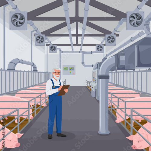 Checking Livestock Health Farmer Inspecting Pigs in a Modern Barn