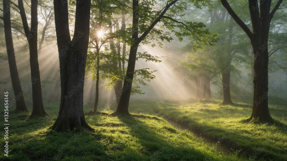Fototapeta premium A misty morning scene with soft light filtering through fresh spring foliage.