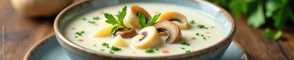 Creamy white soup with mushrooms in a shallow bowl, gray plate, bowl, mushroom Creamy white soup with mushrooms in a shallow bowl, gray plate, bowl, mushroom