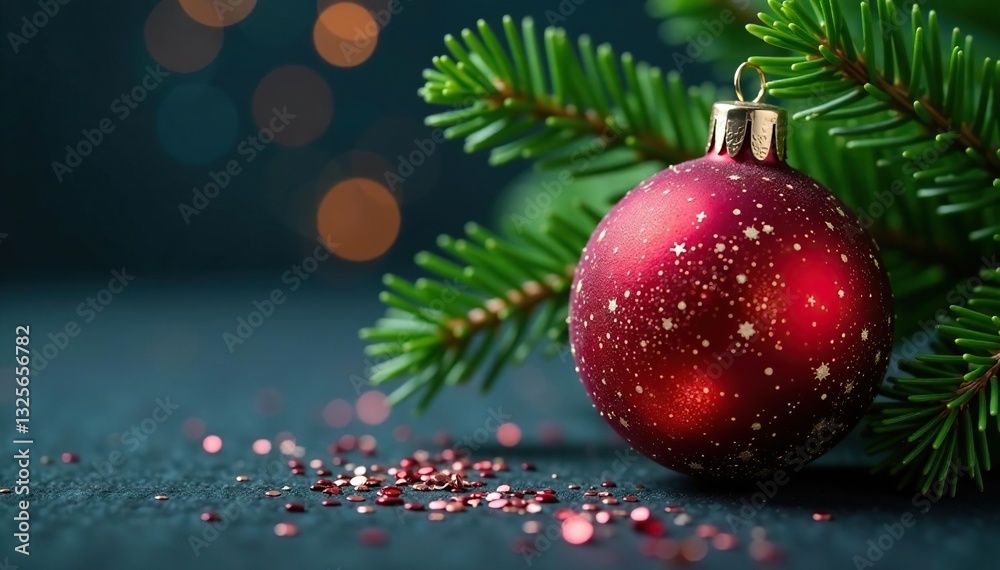 Obraz premium Sparkling glass ball glitters on evergreen fir branch, holiday, festive, sparkly