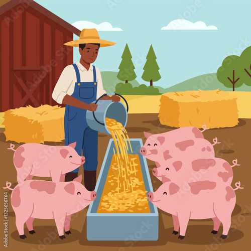 Farmer Feeding Pigs on Farm with Hay Bales and Barn