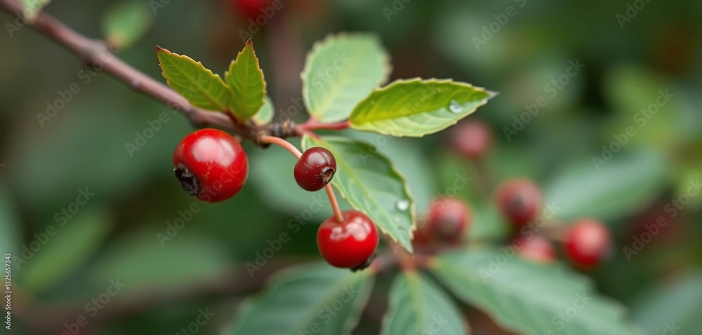 Lone barberry berry clinging to a slender twig, partially hidden by leaves, fall, stem Lone barberry berry clinging to a slender twig, partially hidden by leaves, fall, stem