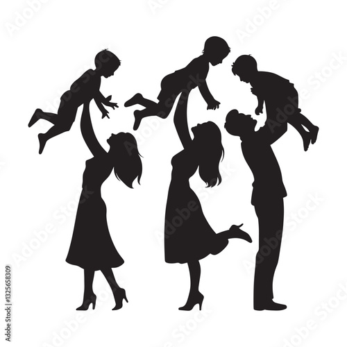 Family mom and dad walking and playing together with kids silhouettes set collection. Parents holding picking up children vector silhouettes.