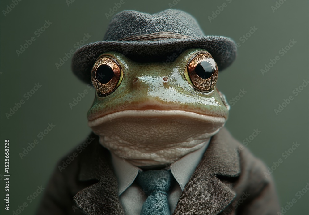Fototapeta premium A dressed-up frog wearing a suit and hat, showcasing a whimsical character against a plain background.