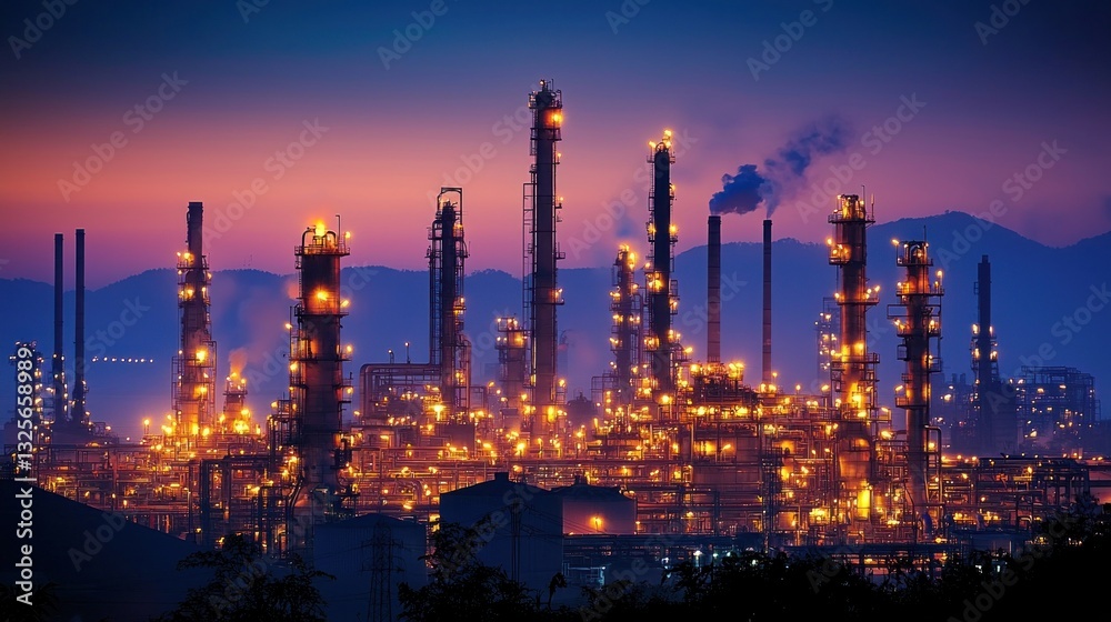 Obraz premium Illuminated industrial plant at dusk against a beautiful colorful sky