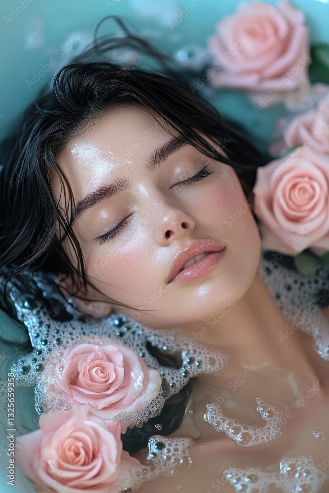 Naklejka premium A serene woman relaxes in a bath surrounded by pink roses, creating a tranquil and soothing atmosphere with bubbles and water.