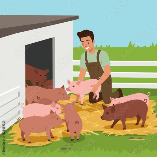 Farmer Lifting Piglet Amongst Many Piglets on Straw Filled Ground