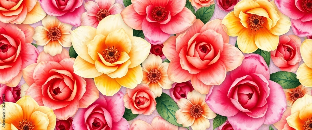 Fototapeta premium Abstract watercolor floral seamless pattern Colorful blooms, rose petals, blossom wallpaper , flowers, illustration