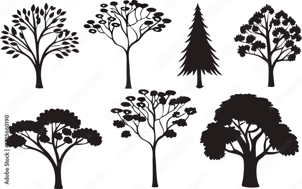 Set of silhouette design of trees with black color on isolation style for vector illustration