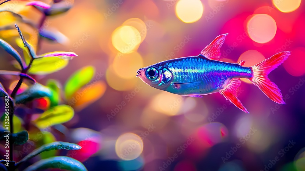 Fototapeta premium Vibrant, colorful fish in aquarium. Bokeh background creates a magical atmosphere