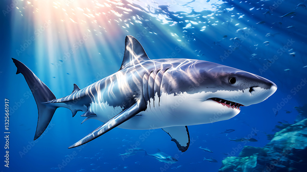 Great White Shark Swimming Underwater in a Blue Ocean with Sunlight Rays Great White Shark Swimming Underwater in a Blue Ocean with Sunlight Rays