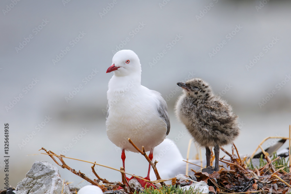 Obraz premium Red-billed gull with small chick