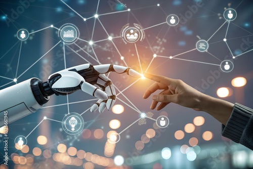 Robotic and Human Hands Connecting Over a Big Data Network in a Futuristic Digital Era. Robotic and Human Hands Connecting background.