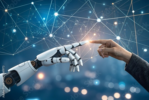 Robotic and Human Hands Connecting Over a Big Data Network in a Futuristic Digital Era. Robotic and Human Hands Connecting background.