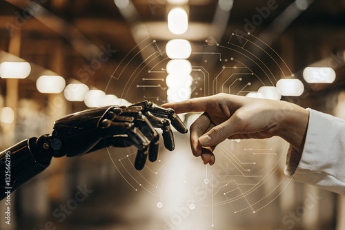 Hands of robot and human touching on big data network connection background. Science and artificial intelligence technology background.