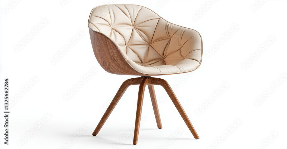 Naklejka premium Ergonomic designer chair with unique quilted pattern and wooden legs, perfect for modern office or home decor. Stylish and comfortable seating option